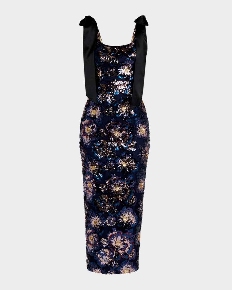 Kyle Satin Bow Sequin Column Midi Dress